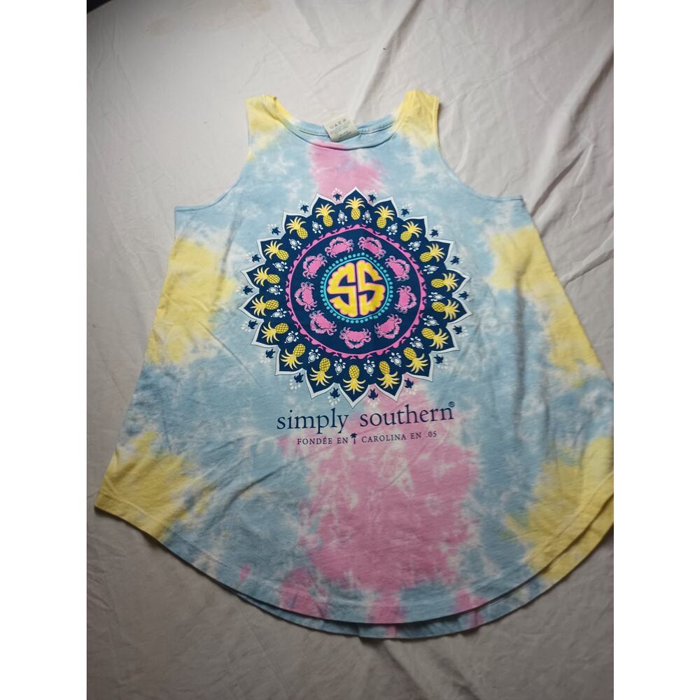 Simply Southern Women Tie Dye Tropical Tank Top Size Medium Round Hem Vacation‎